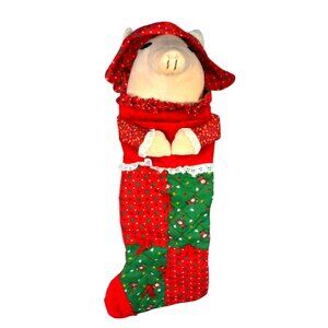 Mithy Pig Face Christmas Stocking Stuffed Head Quilt Like Body  Red Greeen